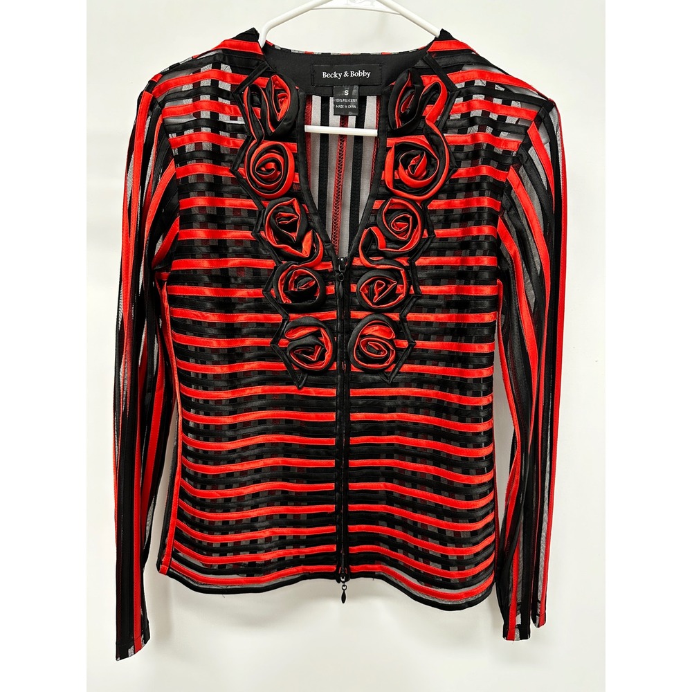Becky & Bobby Red Black Striped Mesh Rosette Zip Up Top Small